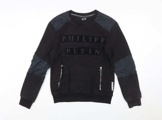 Philipp Plein Men's Black M Pullover Sweatshirt with Logo and Zip Accents