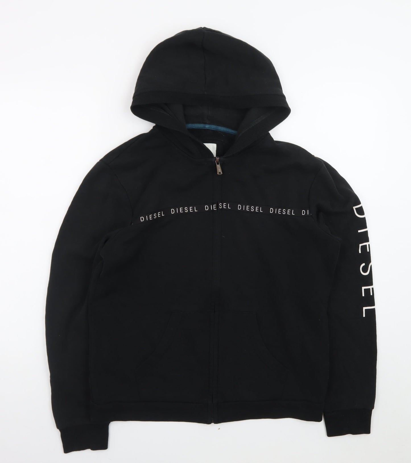 Diesel Men's Black Full Zip Hoodie L Logo Graphic Cotton Blend