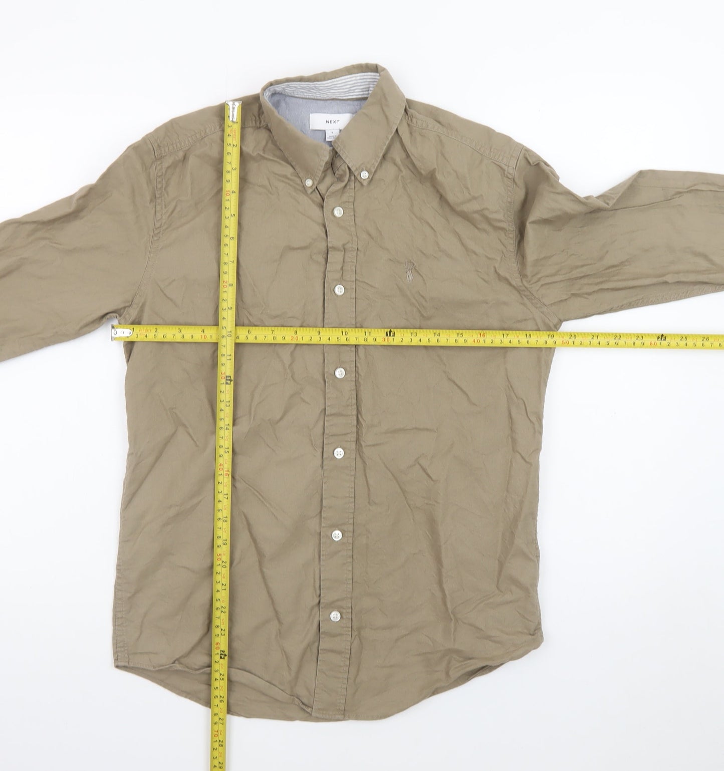 Next Men's Beige Button-Down Cotton Long Sleeve Casual Shirt S