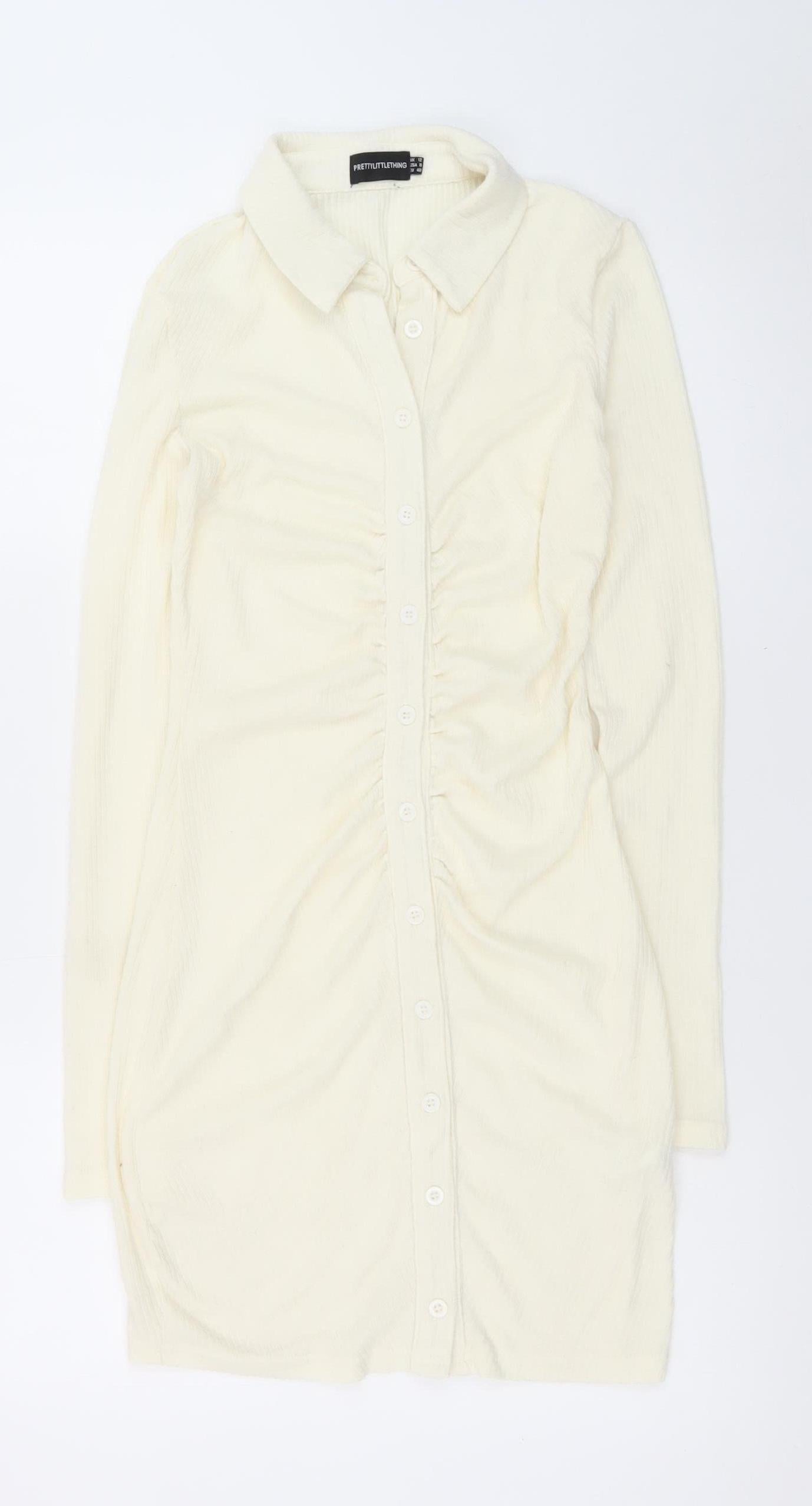 PrettyLittleThing Women Ivory UK 12 Shirt Dress Long Sleeve Ruched