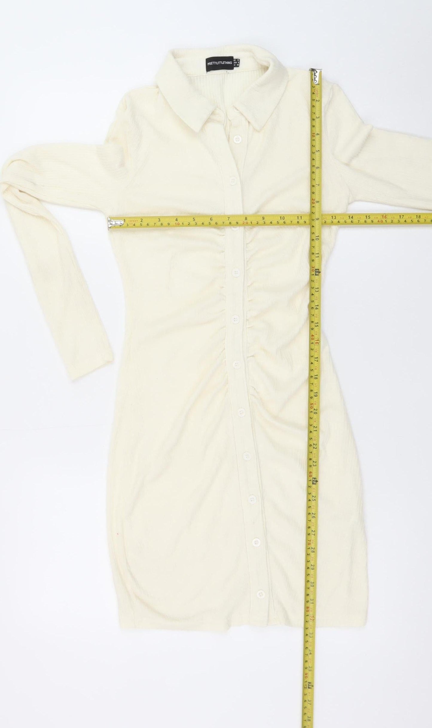 PrettyLittleThing Women Ivory UK 12 Shirt Dress Long Sleeve Ruched