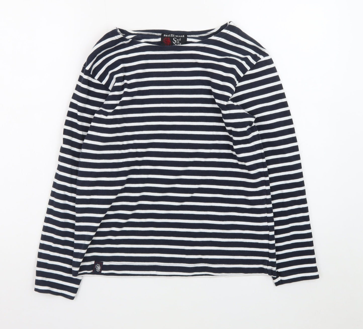 Breizh Ocean Women's Blue Striped Long Sleeve Boat Neck Cotton Top M