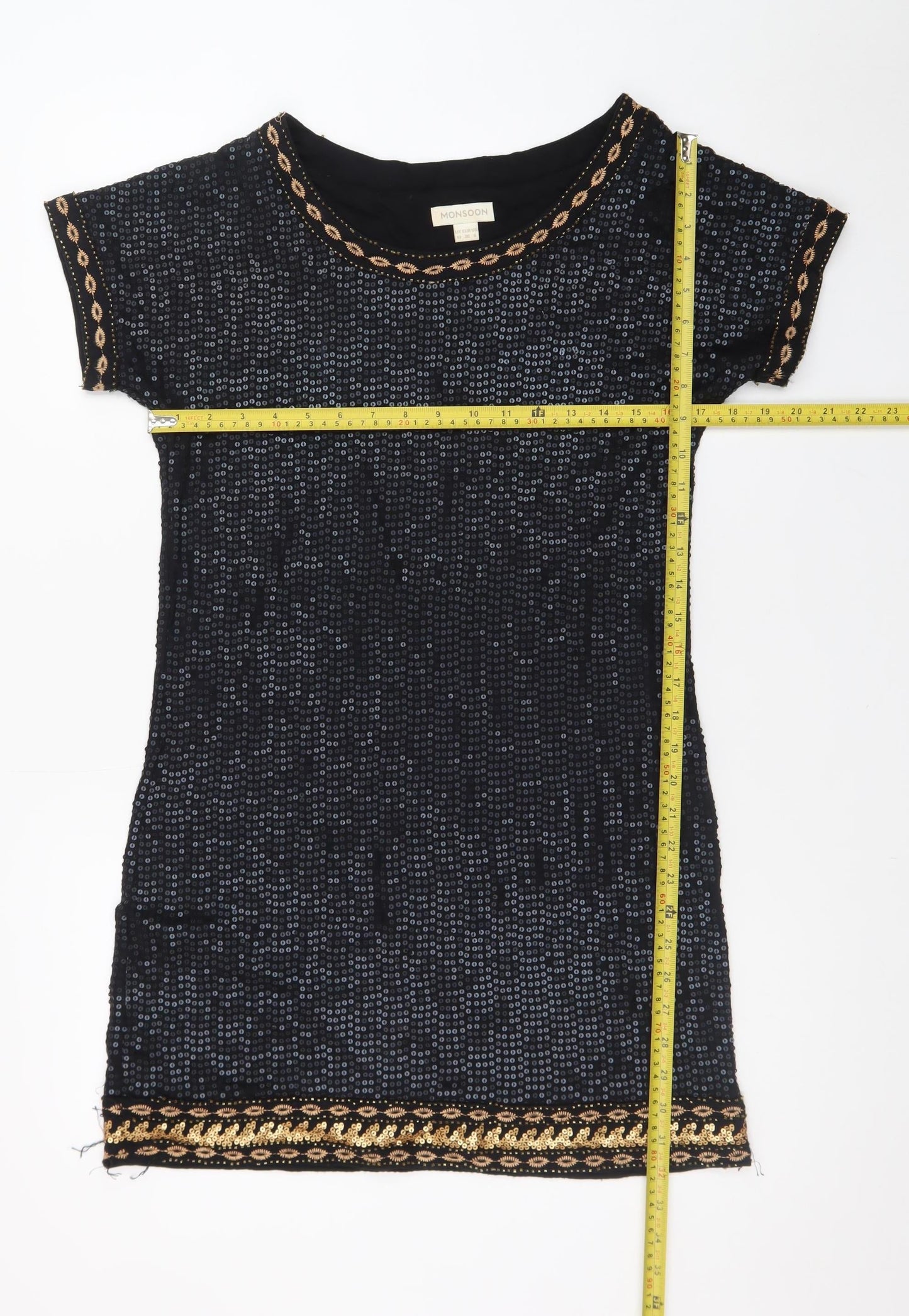 Monsoon Women Black Sequin Shift Dress Size 10 Short Sleeve Party