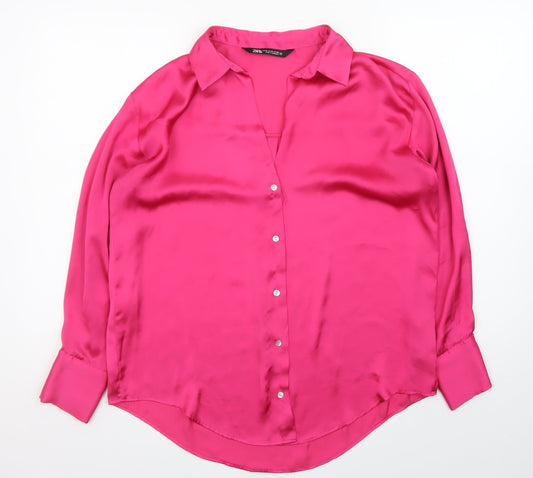 Zara Women Pink Satin Collared Long Sleeve Blouse Size 12