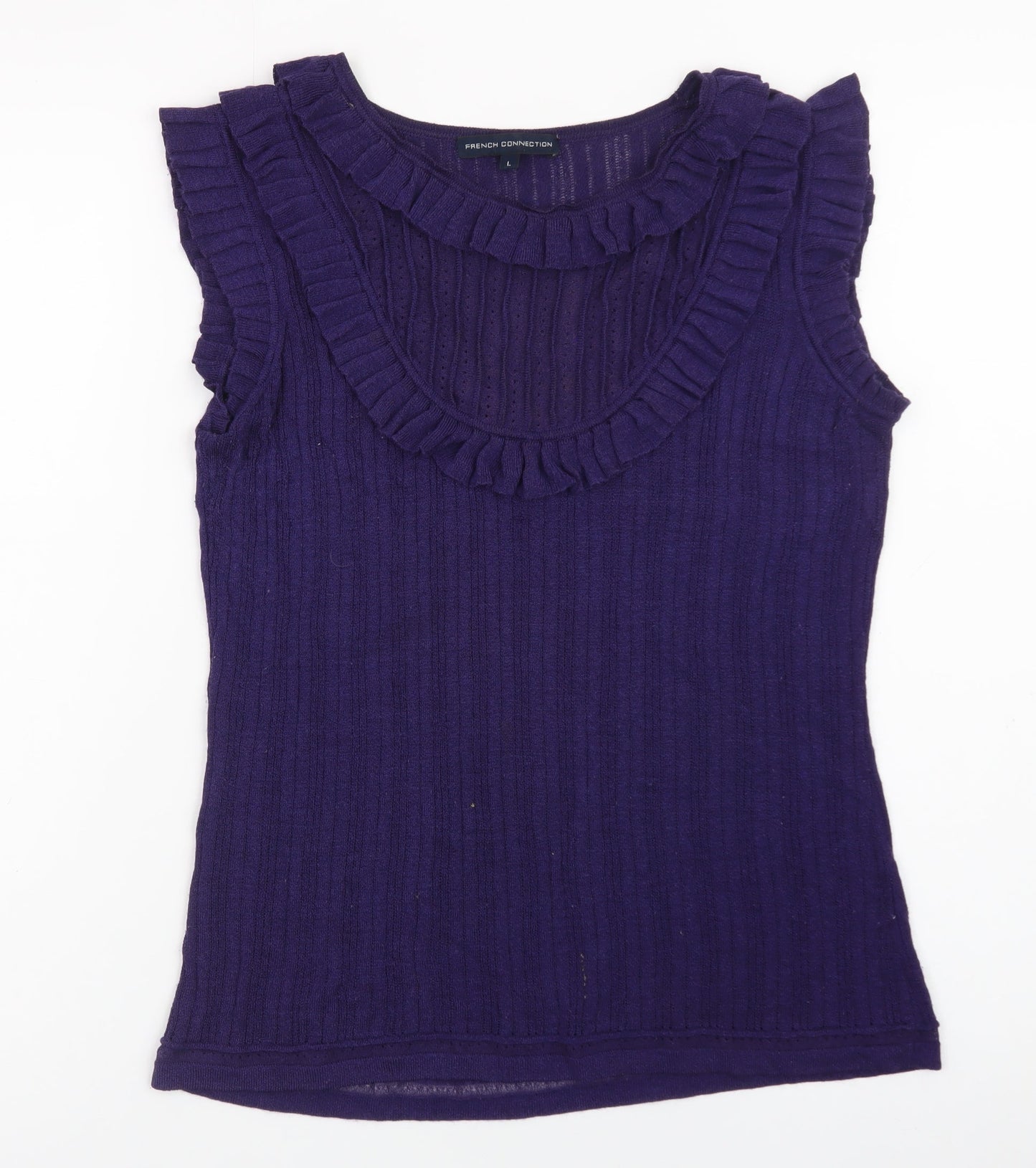 French Connection Women Purple Ruffle Sleeveless Ribbed Knit Top Size L
