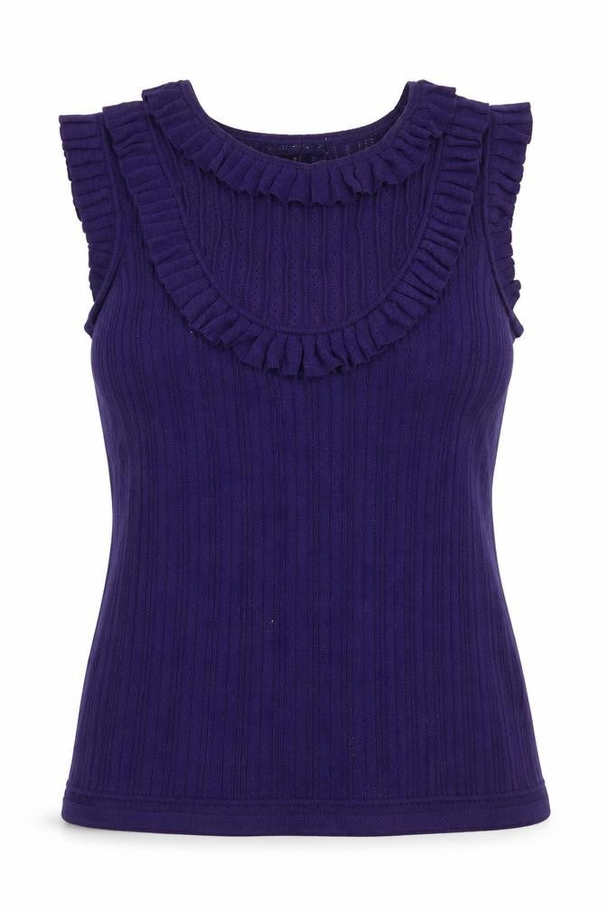 French Connection Women Purple Ruffle Sleeveless Ribbed Knit Top Size L