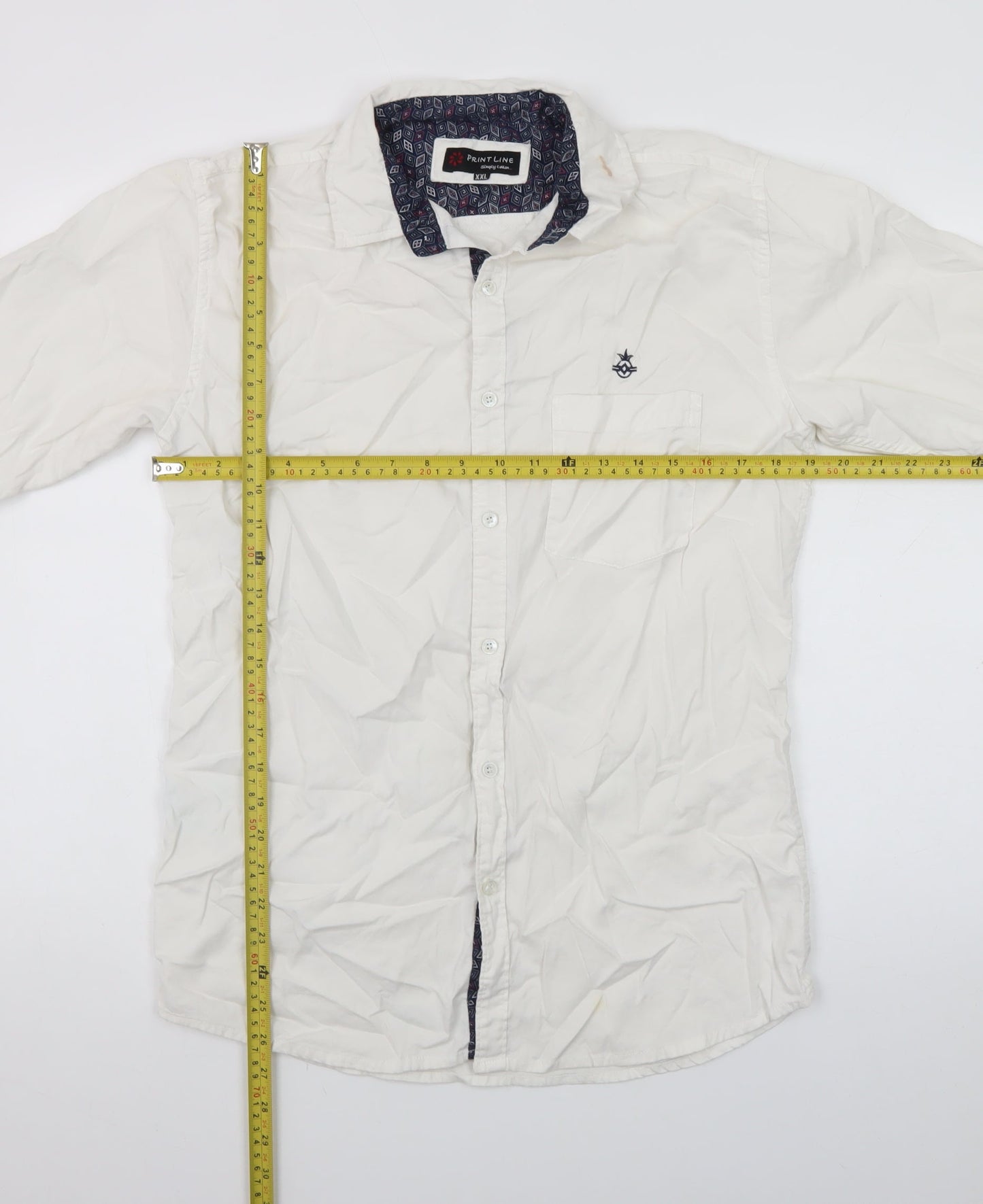 Print Line Men's White Cotton Long Sleeve Casual Button-Up Shirt XXL