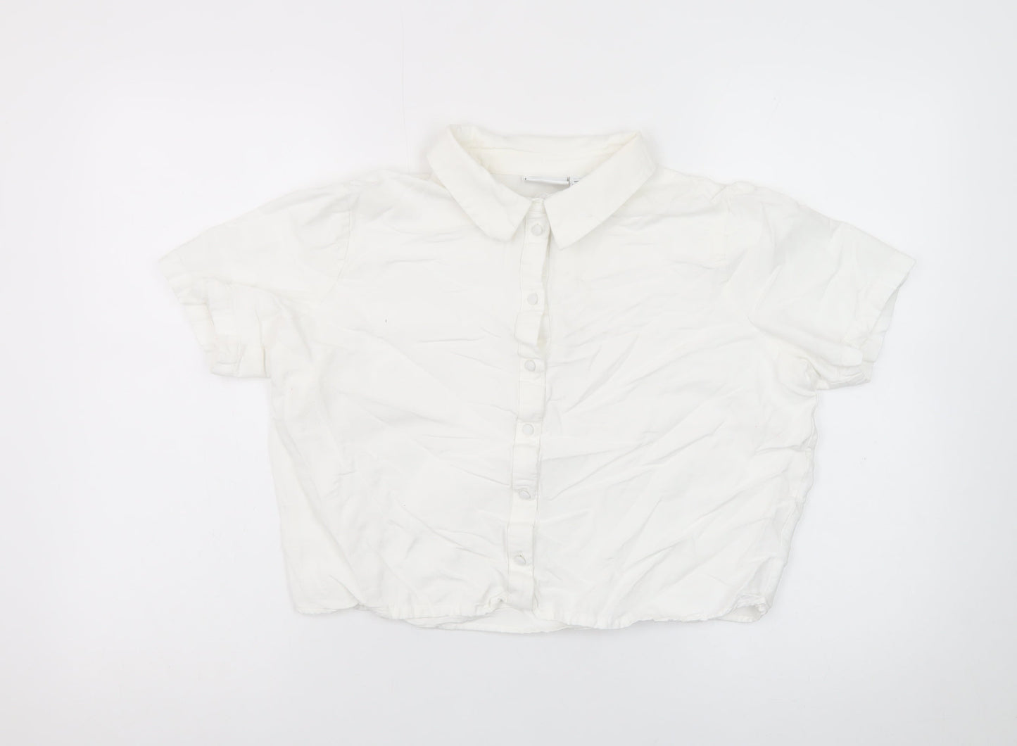 Vila Women’s White Cropped Button-Up Short Sleeve Shirt Size 12