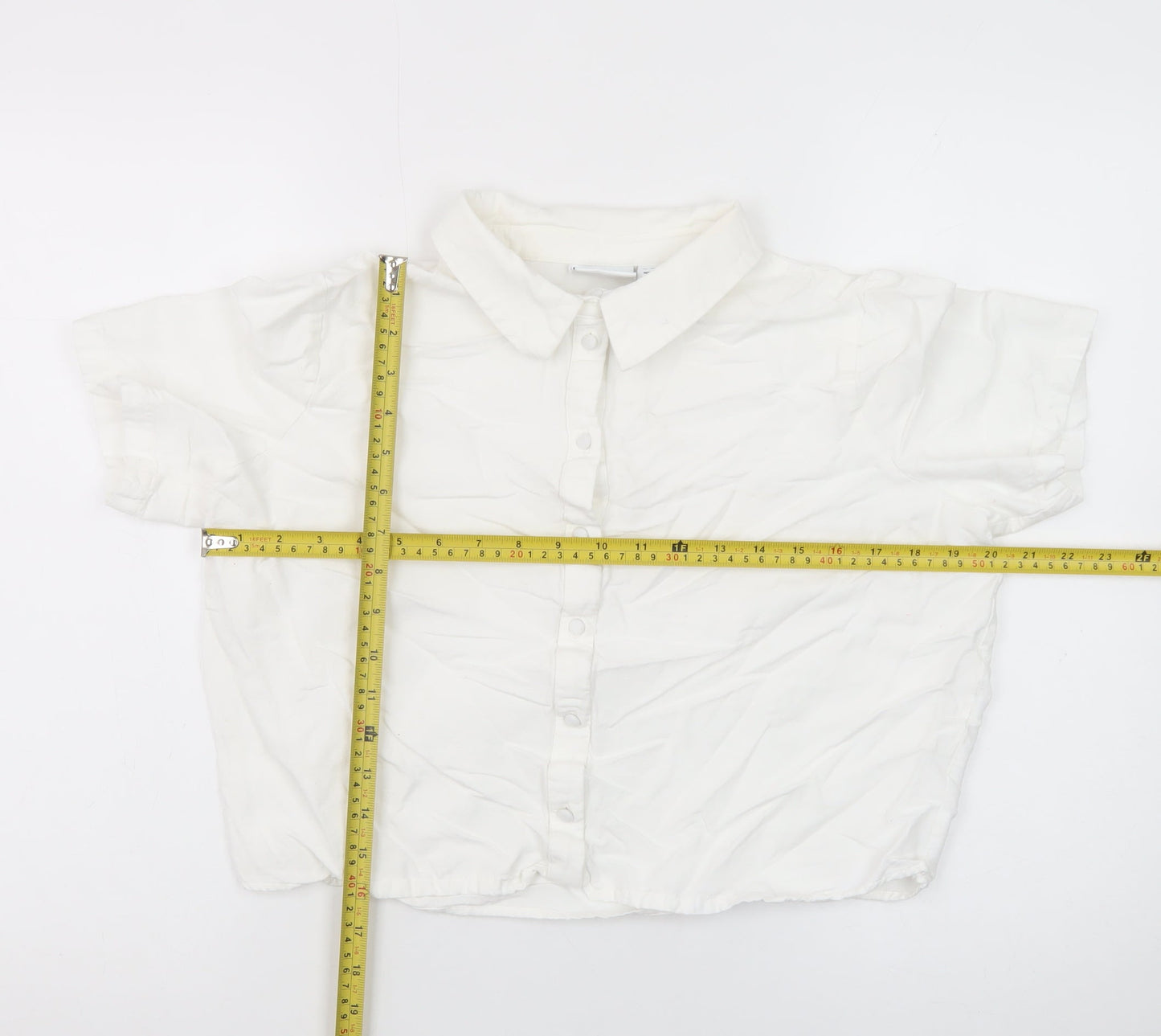 Vila Women’s White Cropped Button-Up Short Sleeve Shirt Size 12