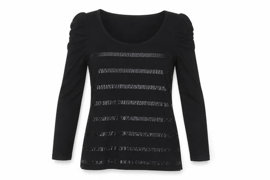 XSIDE Women's Black Sequin Stripe Long Sleeve T-Shirt Size M