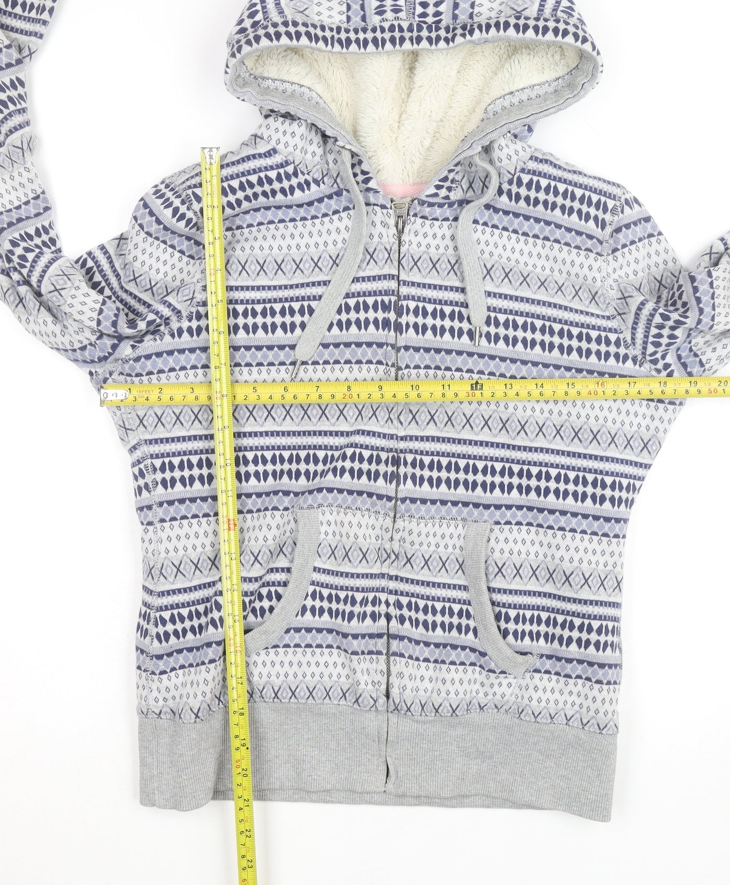 H&M Girls Grey Fair Isle Full Zip Hooded Lined Hoodie Size L