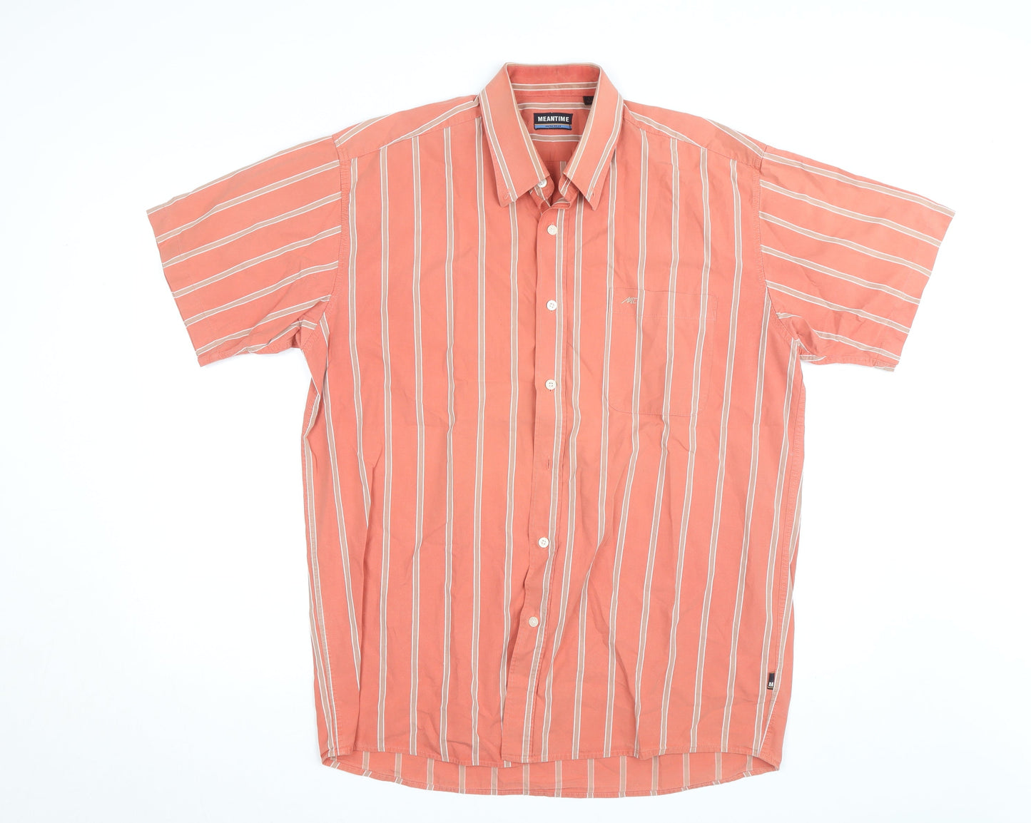 Meantime Mens Orange Striped Short Sleeve Cotton Button-Up Shirt L