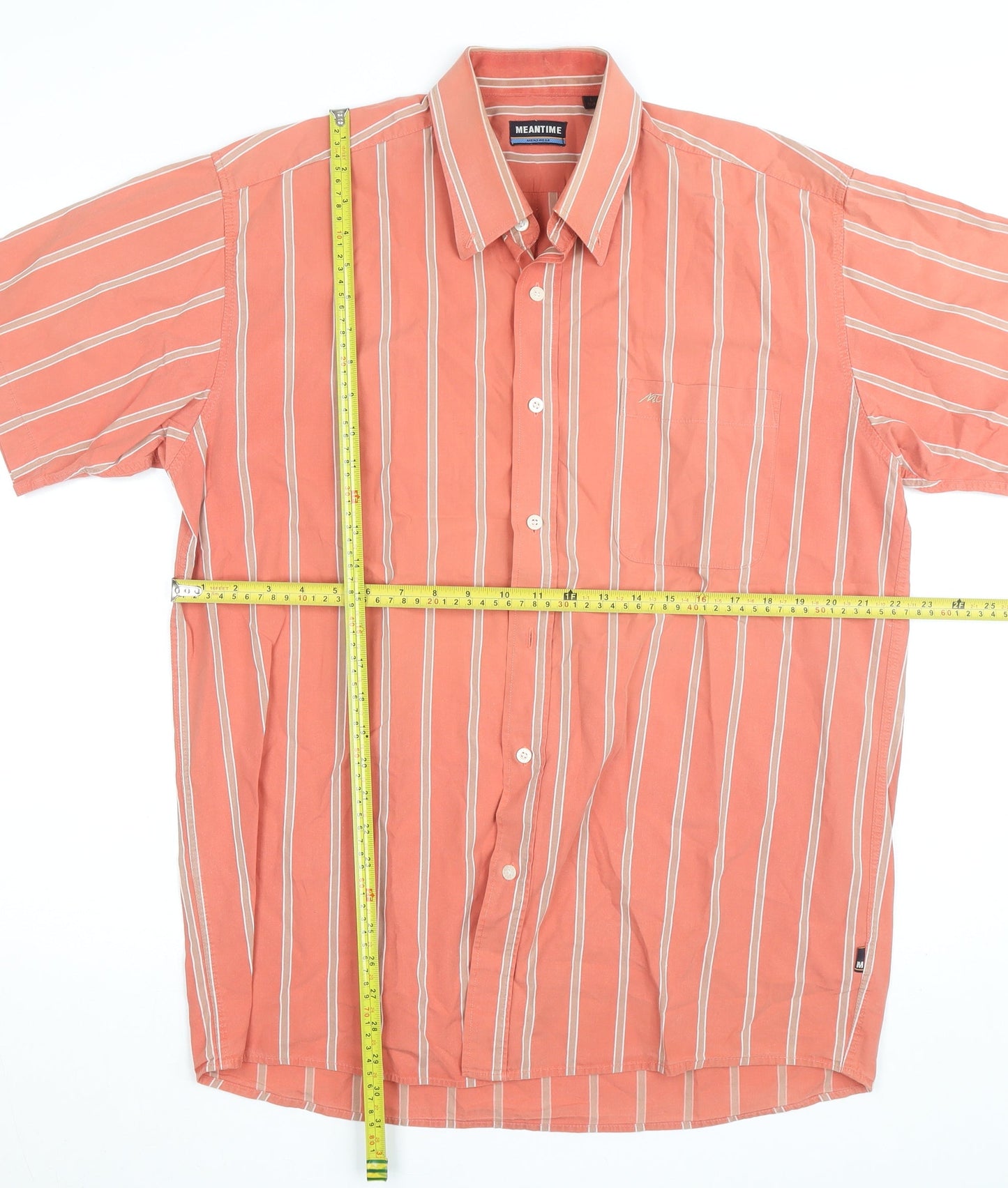 Meantime Mens Orange Striped Short Sleeve Cotton Button-Up Shirt L