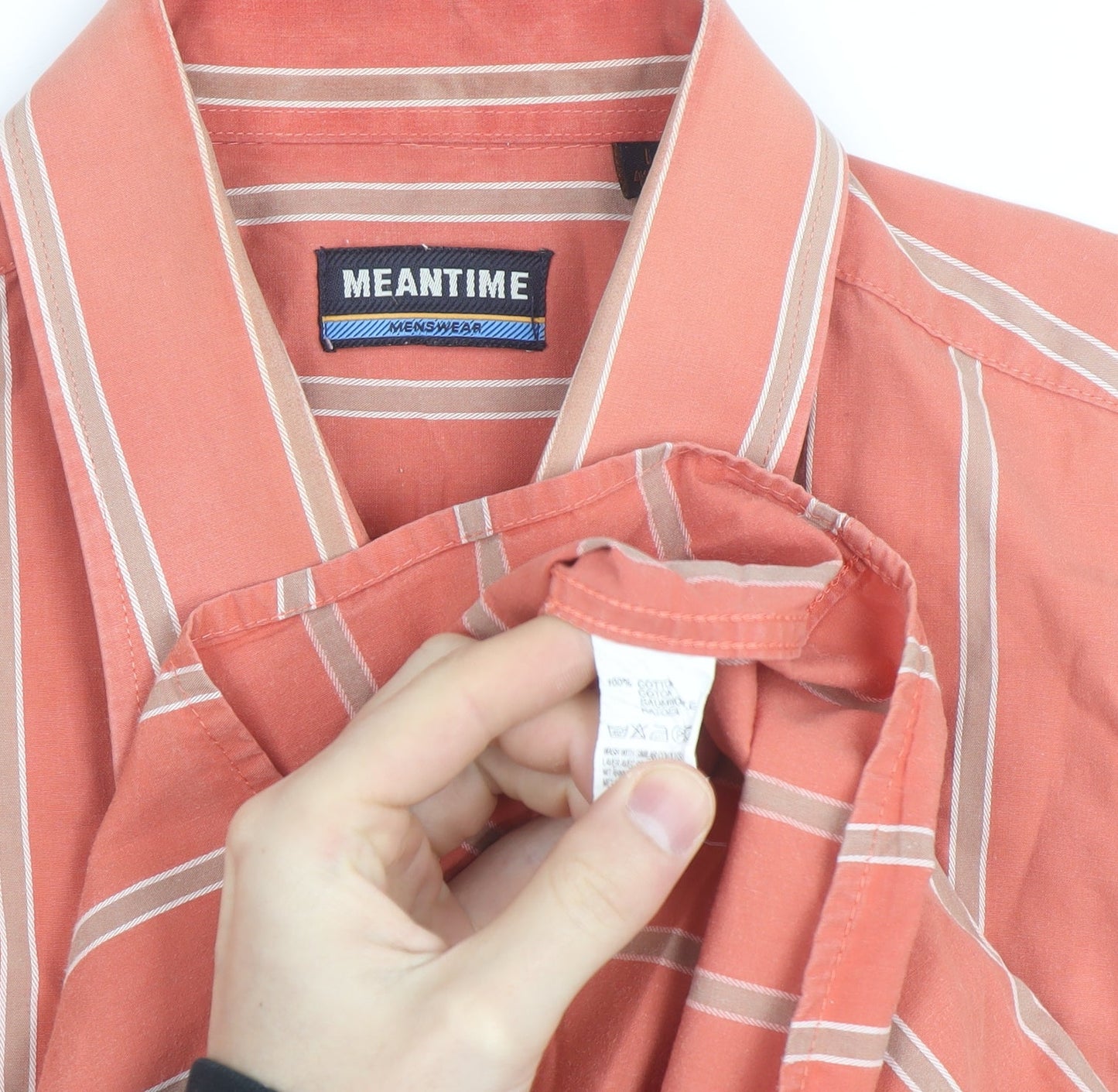 Meantime Mens Orange Striped Short Sleeve Cotton Button-Up Shirt L