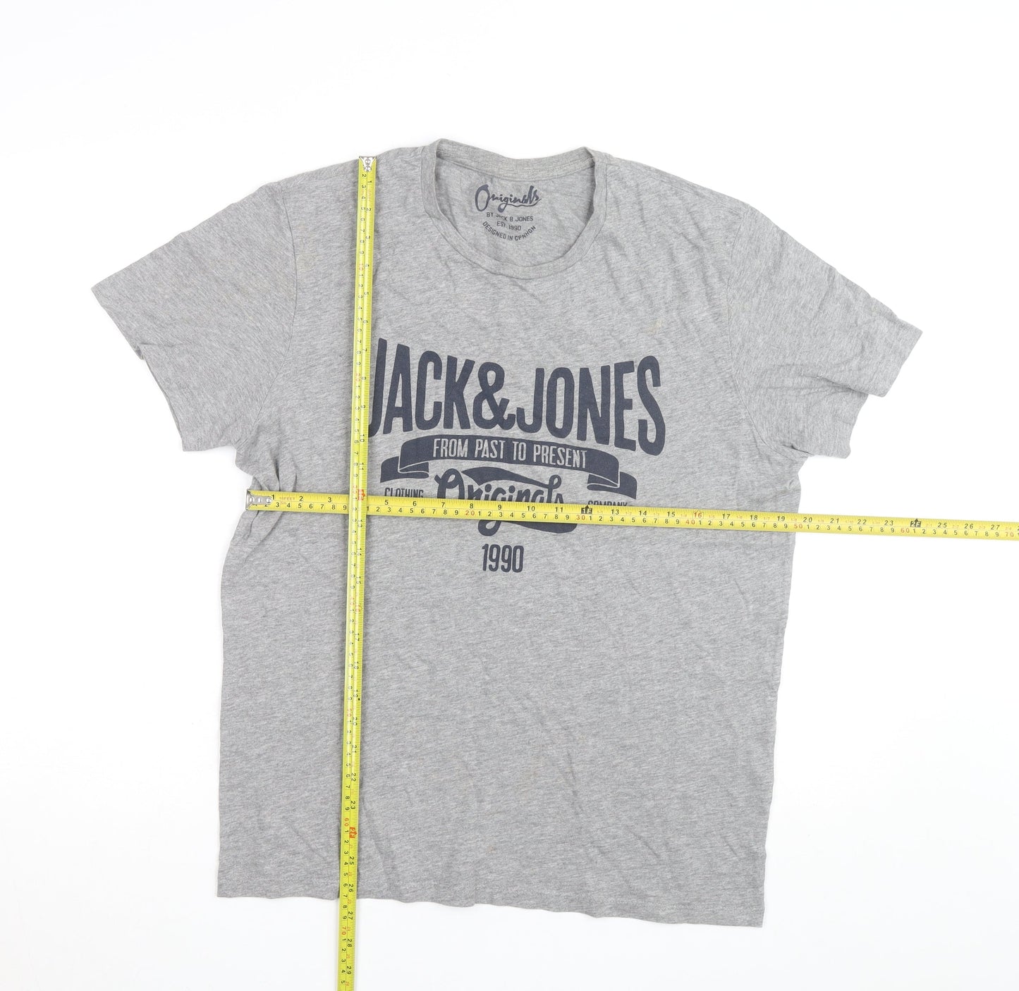 Jack & Jones Men's Grey Graphic Print Crew Neck T-Shirt Size L
