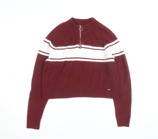 Hollister Womens Maroon & White Half Zip Jumper Size M Knit Pullover