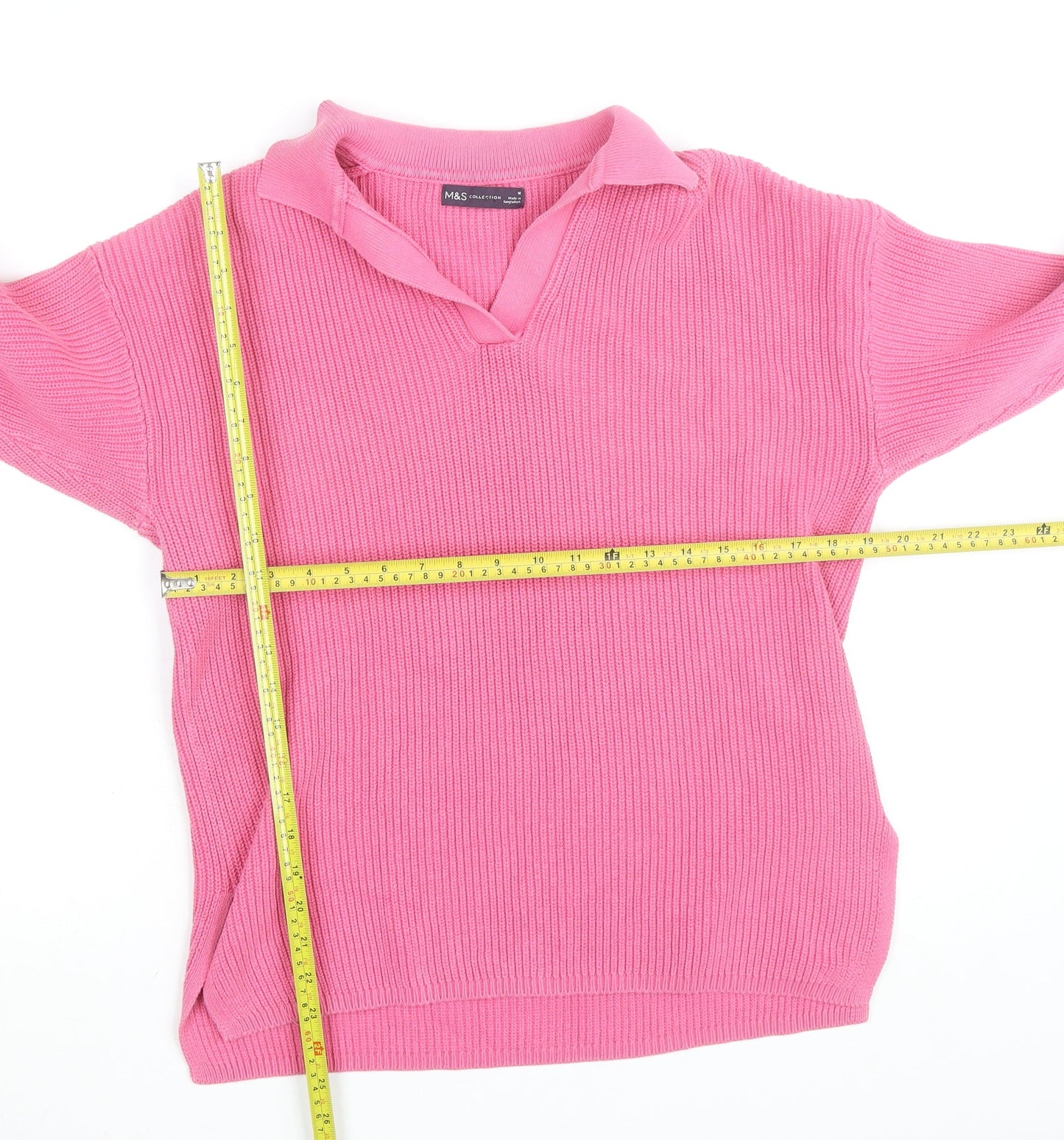 Marks and Spencer Women’s Pink Collared Ribbed Cotton Pullover Jumper M