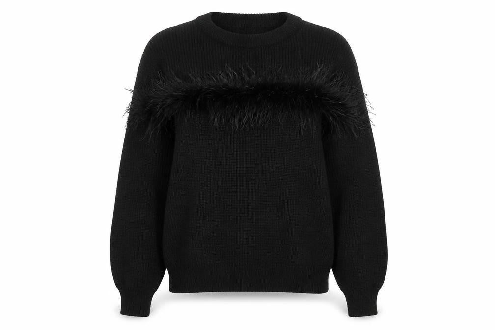Savida Womens Black Feather Trim Pullover Jumper Size 14