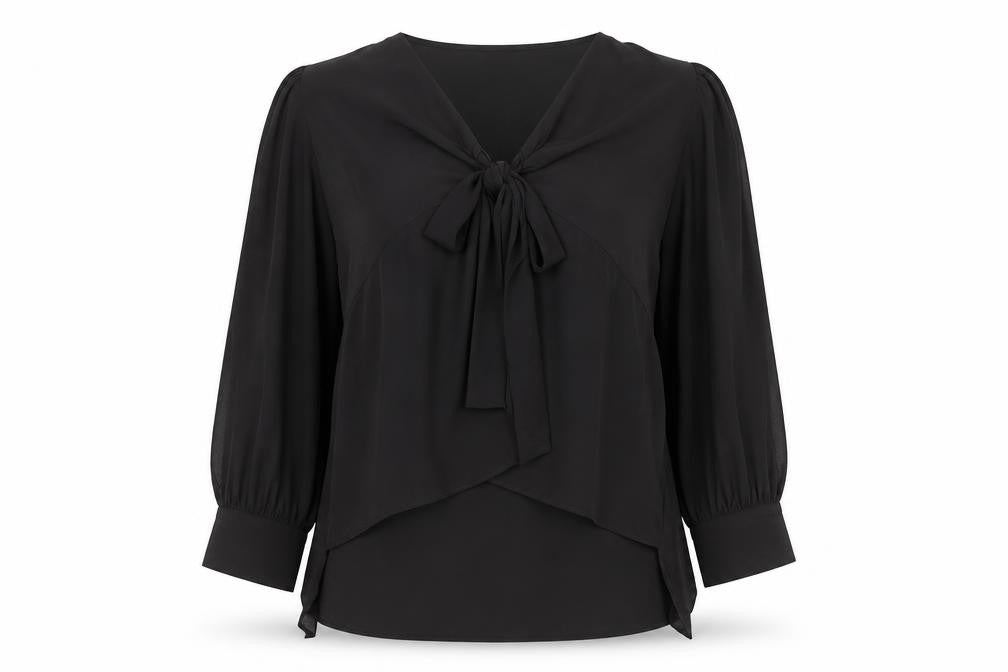 River Island Womens Black Chiffon Bow Tie Wrap Long Sleeve Blouse Size 16