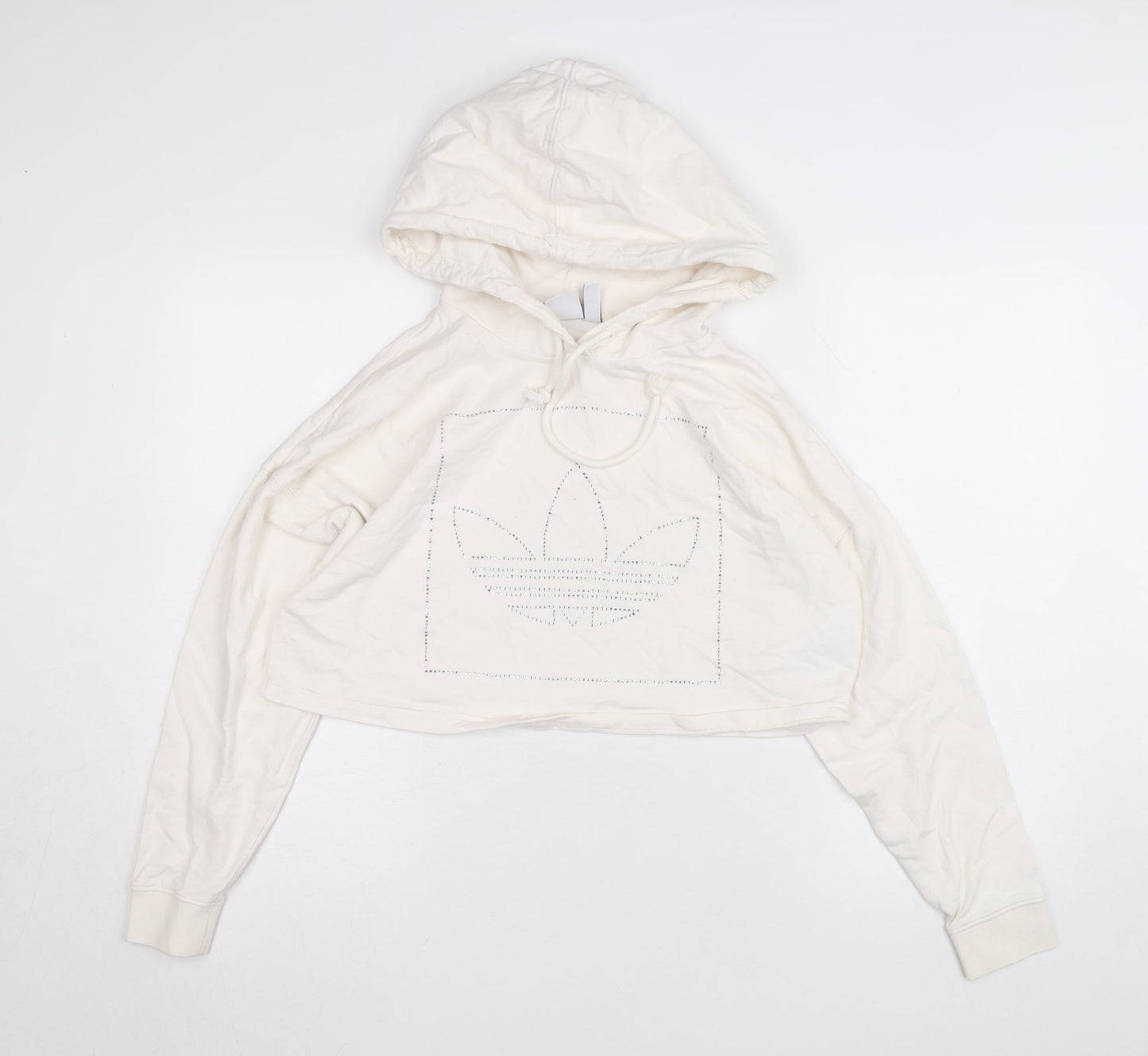 Adidas Womens Ivory 2XS Cropped Hoodie Rhinestone Logo Cotton