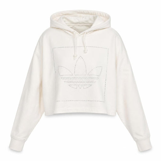 Adidas Womens Ivory 2XS Cropped Hoodie Rhinestone Logo Cotton