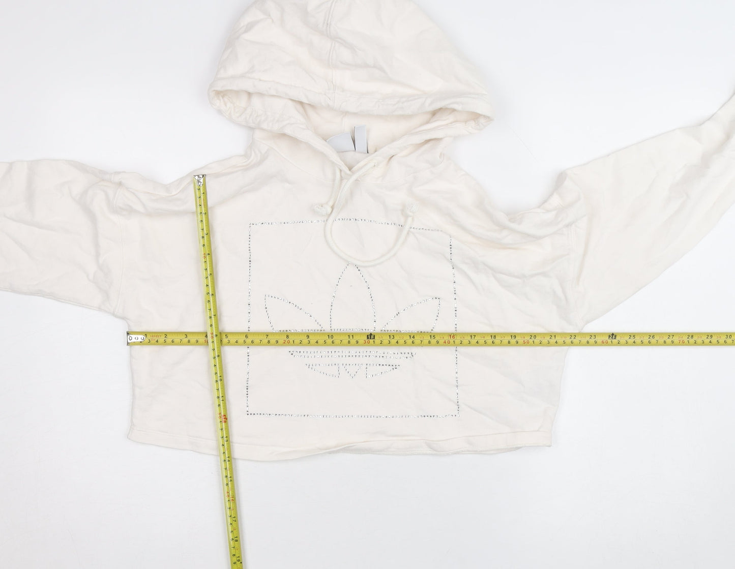 Adidas Womens Ivory 2XS Cropped Hoodie Rhinestone Logo Cotton