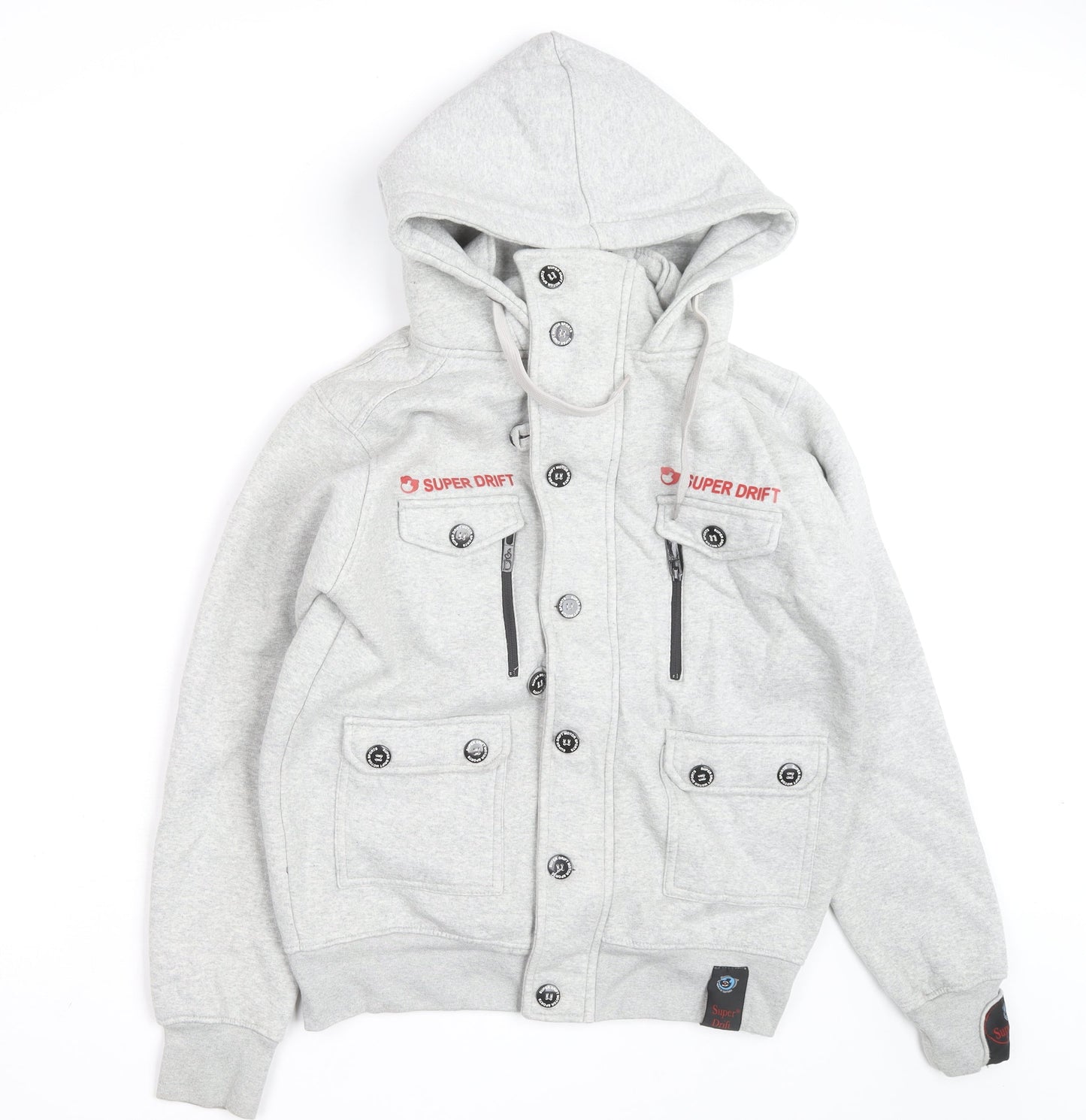 Super Drift Men Grey M Full Zip Hoodie with Logo Pockets