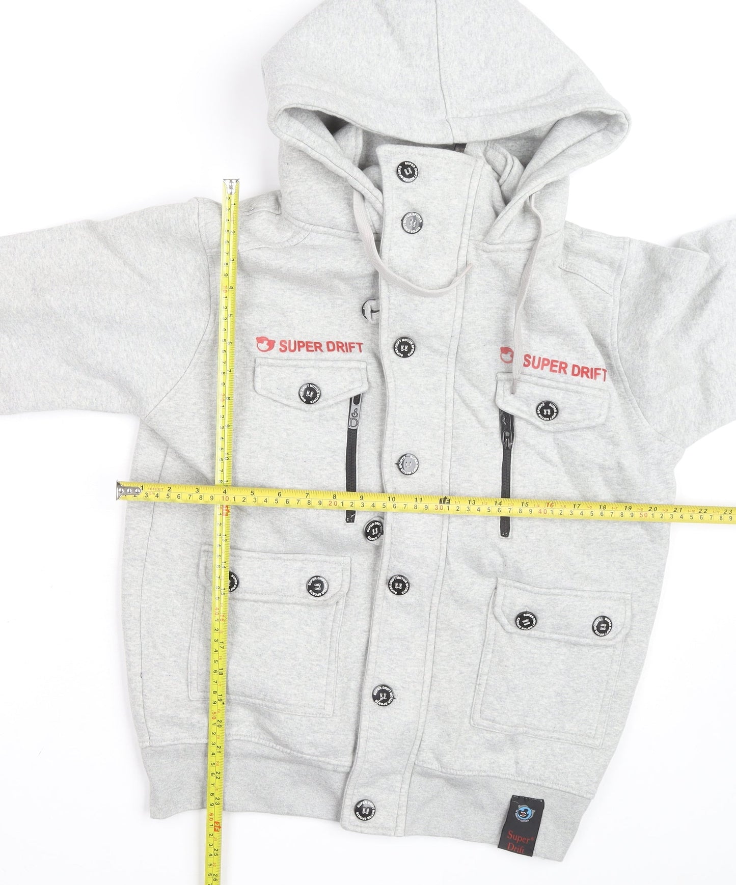 Super Drift Men Grey M Full Zip Hoodie with Logo Pockets