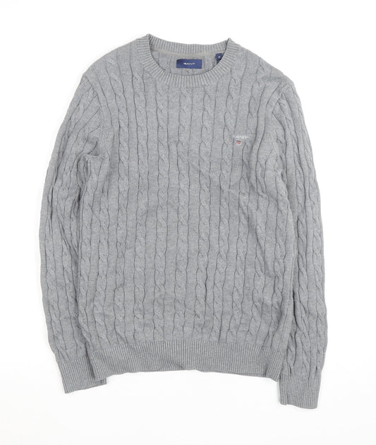 Gant Men's Grey Cable-Knit Cotton Pullover Jumper Size M