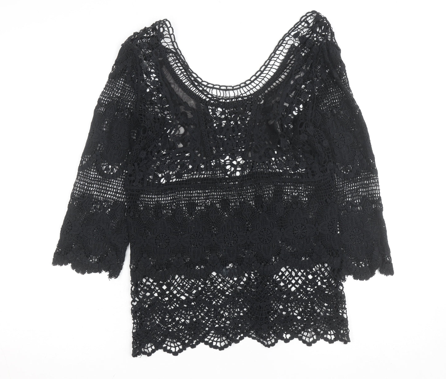 Vila Women Black Lace 3/4 Sleeve Crochet Blouse S
