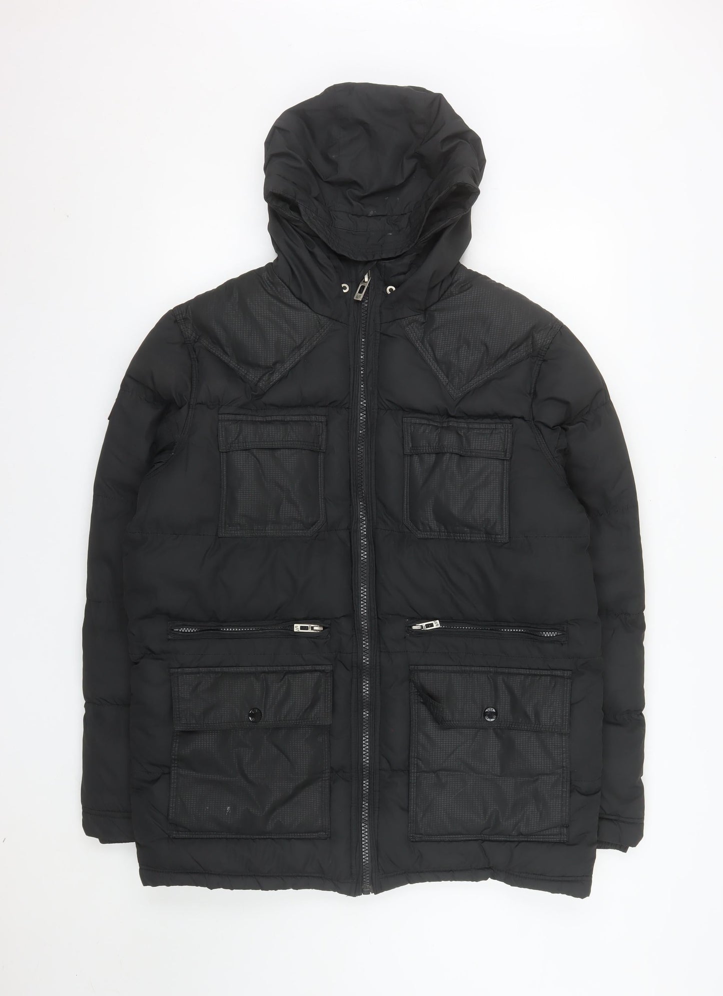 GOV DENIM Men's Black L Hooded Puffer Jacket with Pockets