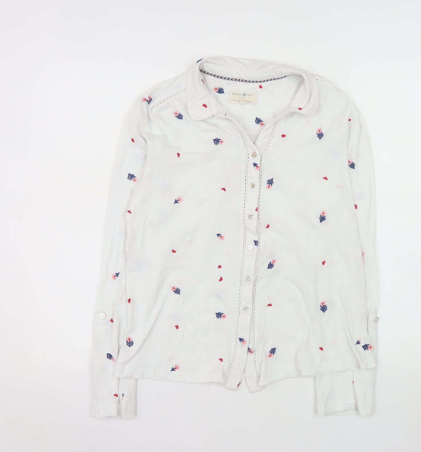 Beacon Cove Women's White Floral Cotton Button-Up Shirt M