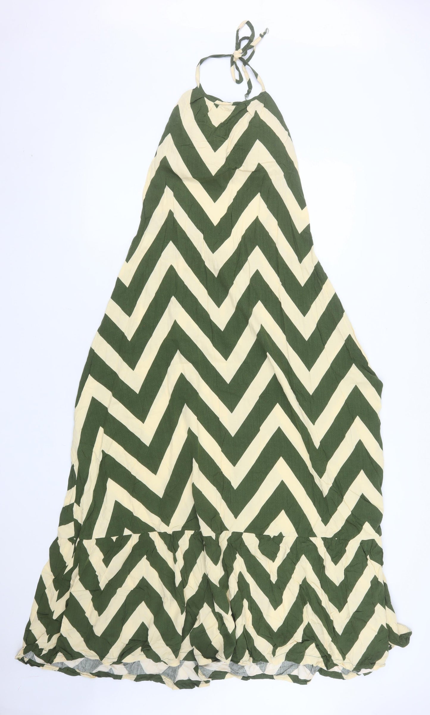 JOELI Women Green Chevron Halter Long Dress M Summer Boho Style
