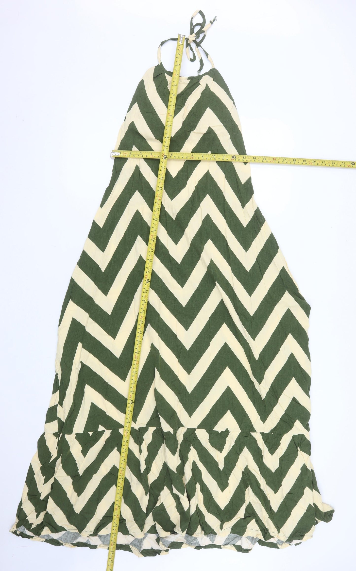 JOELI Women Green Chevron Halter Long Dress M Summer Boho Style