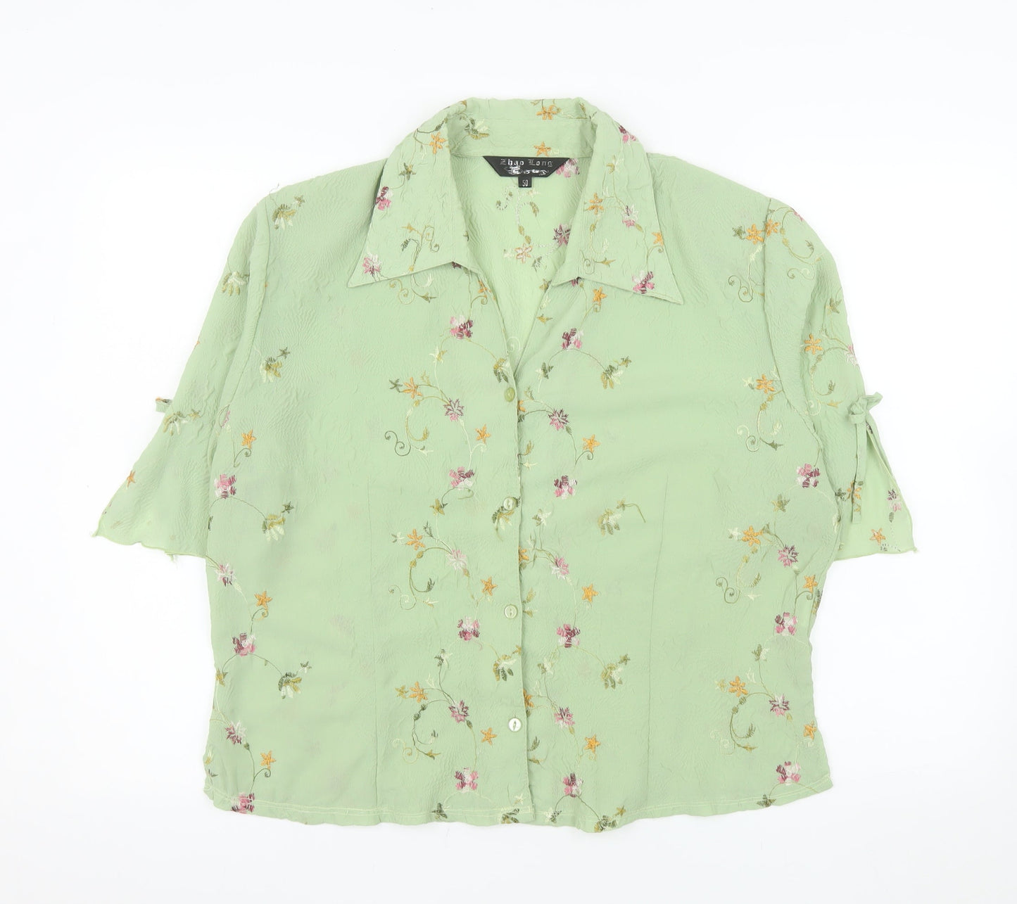 Zhao Long Women Green Floral Embroidered Short Sleeve Blouse Size 22