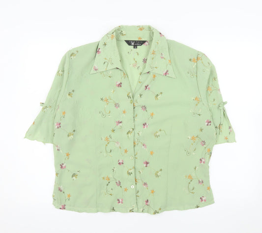 Zhao Long Women Green Floral Embroidered Short Sleeve Blouse Size 22