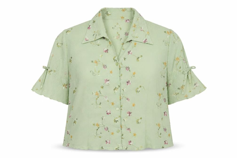 Zhao Long Women Green Floral Embroidered Short Sleeve Blouse Size 22