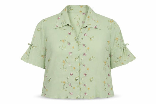Zhao Long Women Green Floral Embroidered Short Sleeve Blouse Size 22