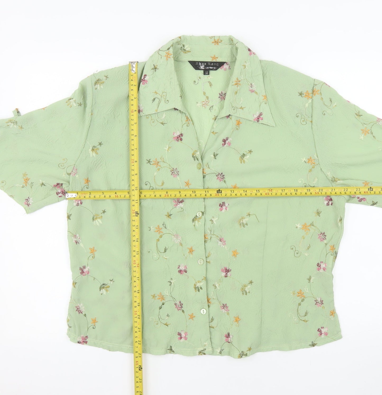 Zhao Long Women Green Floral Embroidered Short Sleeve Blouse Size 22