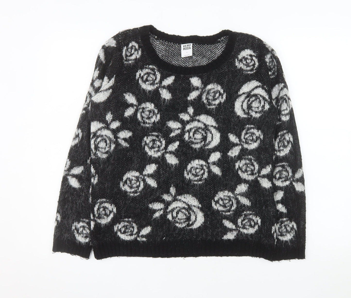 Vero Moda Women’s Black Floral Knit Acrylic Jumper Size S