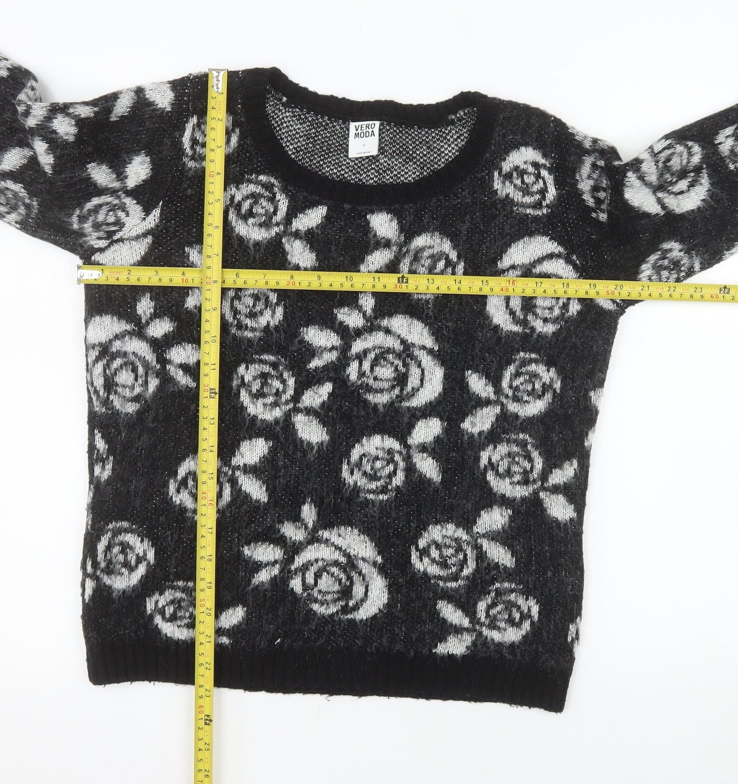 Vero Moda Women’s Black Floral Knit Acrylic Jumper Size S