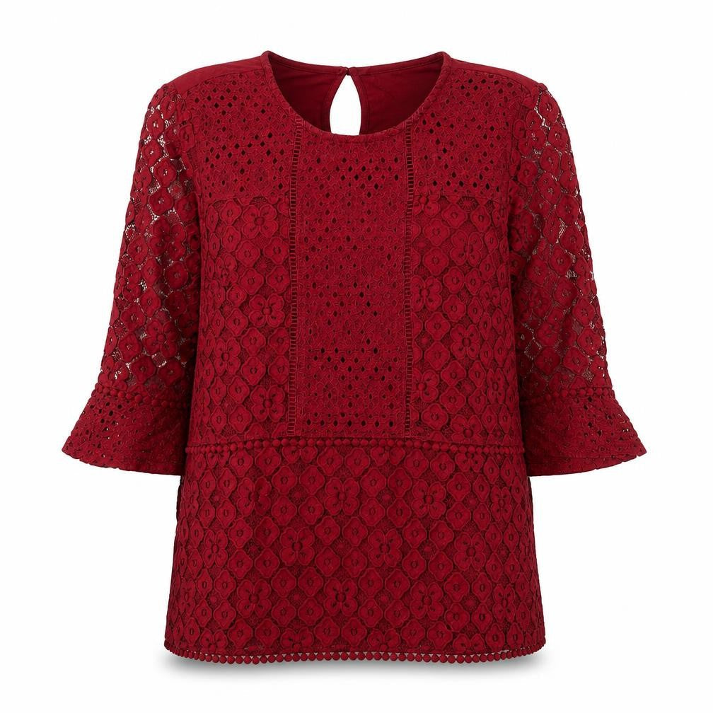 Oasis Women's Red Lace Tunic Blouse Size M 3/4 Sleeve Round Neck
