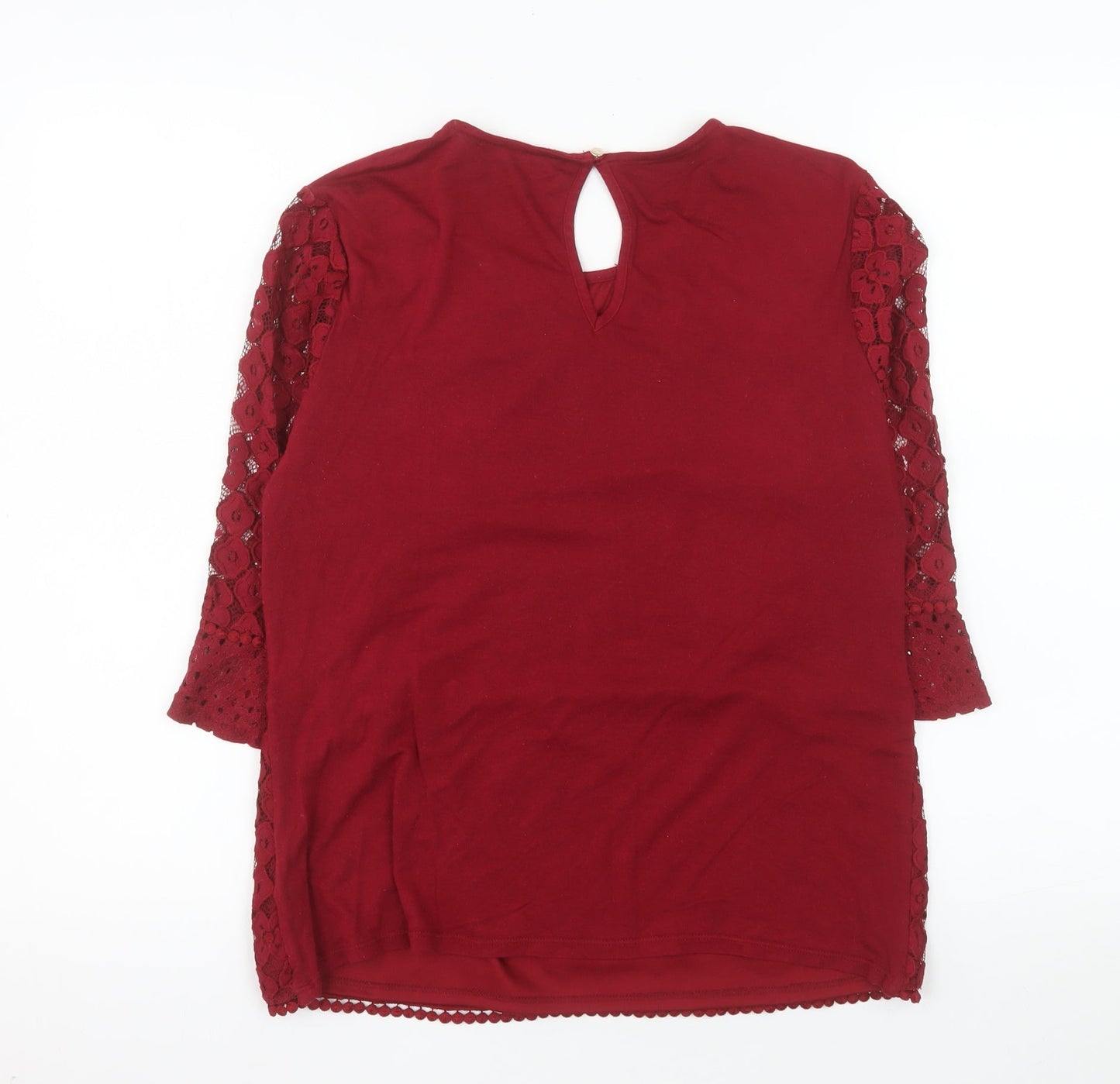 Oasis Women's Red Lace Tunic Blouse Size M 3/4 Sleeve Round Neck