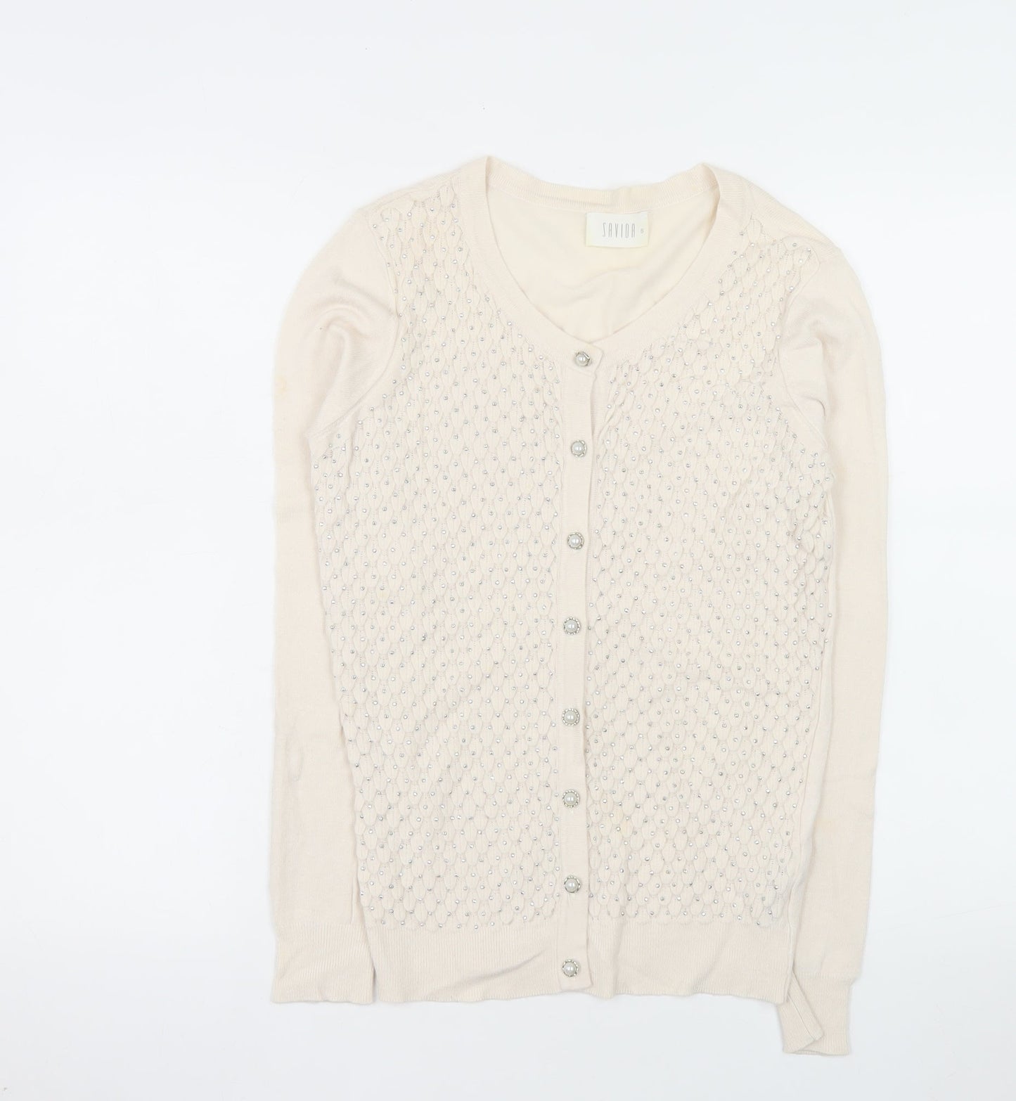 Savida Women’s Beige Beaded Button Knit Cardigan Size 8