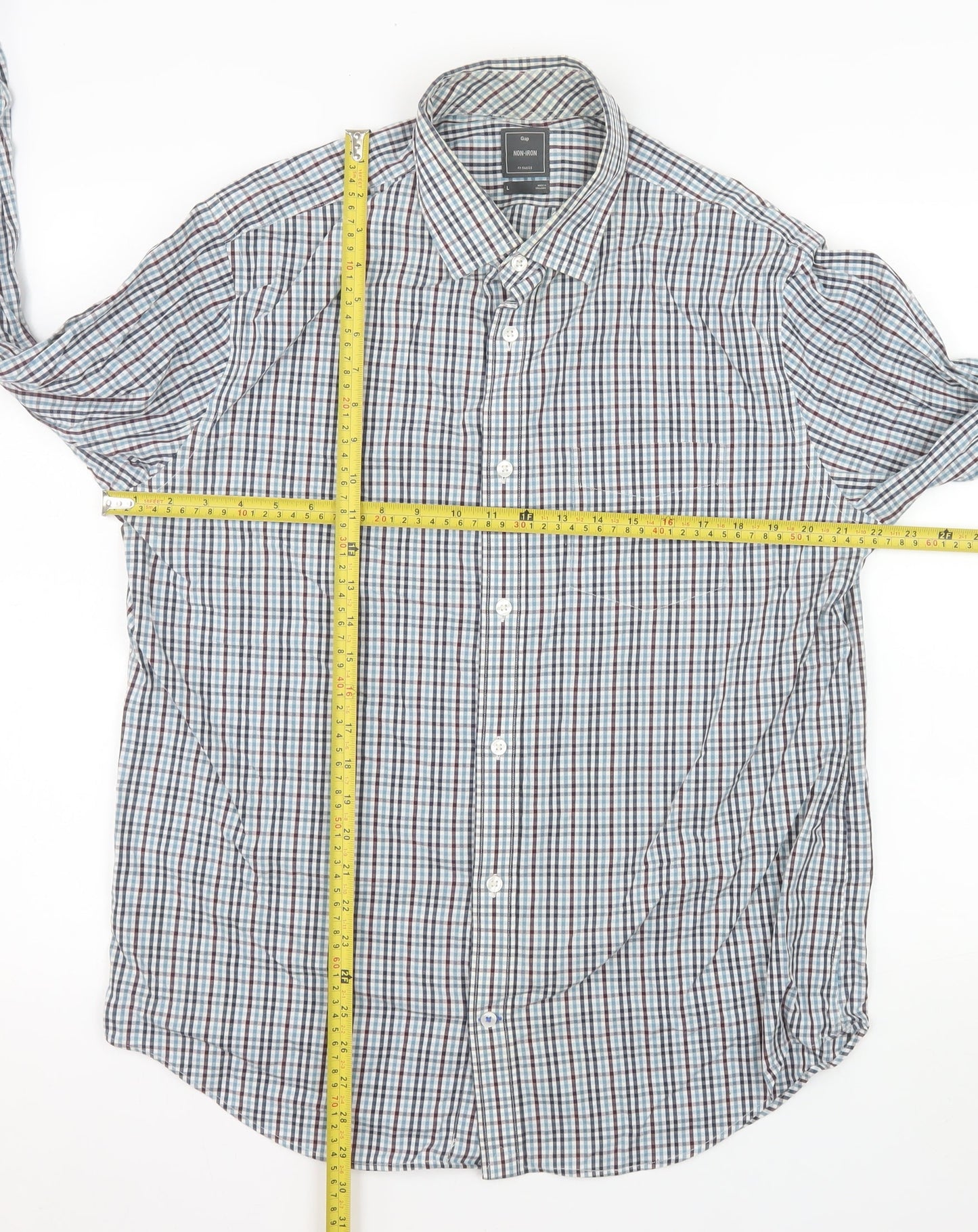 Gap Men's Blue Check Non-Iron Cotton Long Sleeve Shirt L