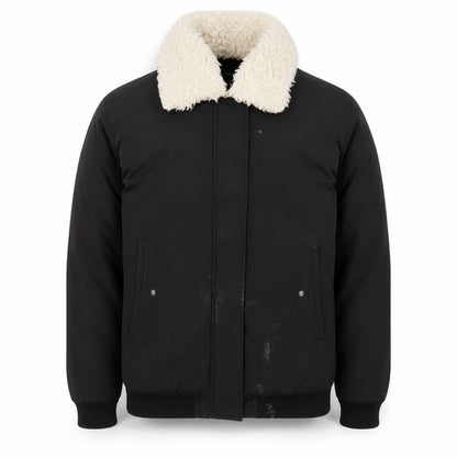 Front view of French Connection Men's Black Bomber Jacket, size S, Lined Winter Coat