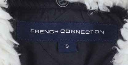 Brand and care label for French Connection Men's Black Bomber Jacket, size S, Lined Winter Coat