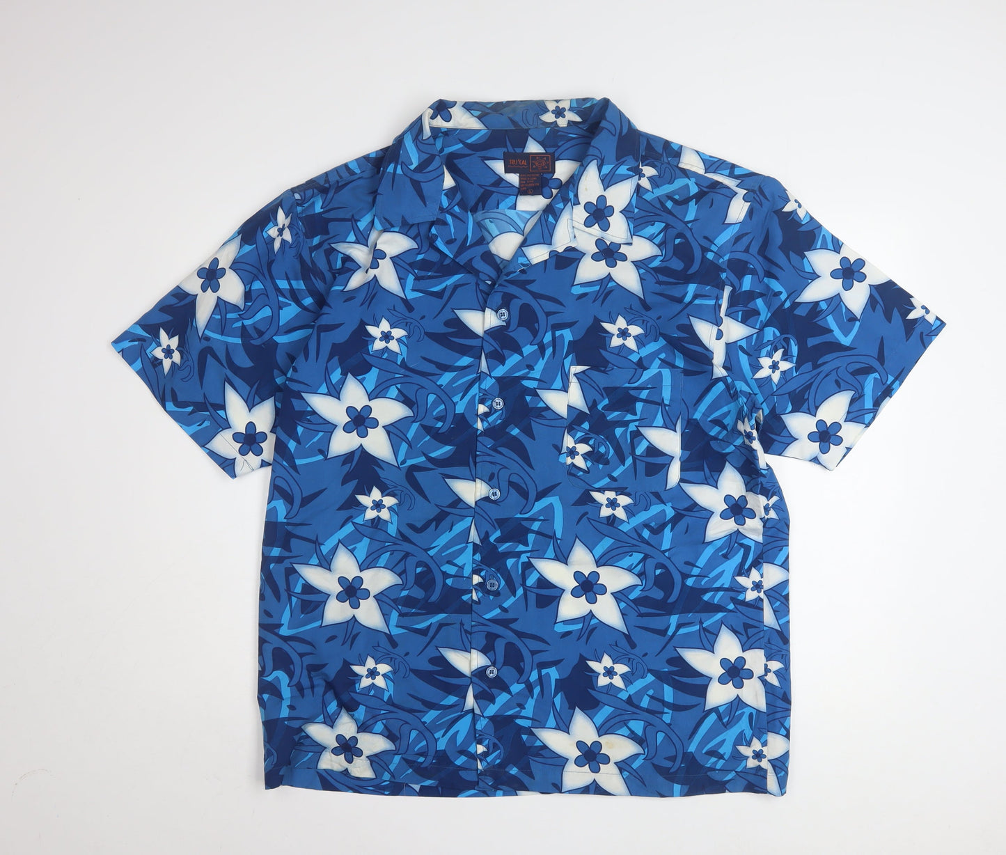 TRU'CAL Men's Blue Hawaiian Floral Short Sleeve Button-Up Shirt L
