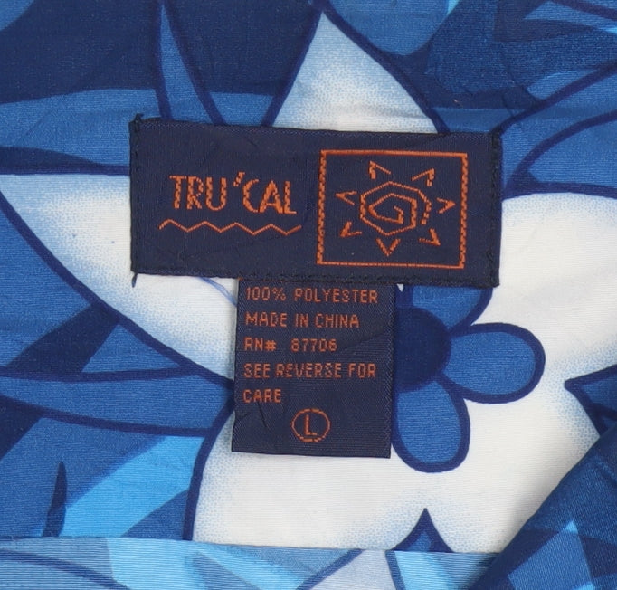 TRU'CAL Men's Blue Hawaiian Floral Short Sleeve Button-Up Shirt L