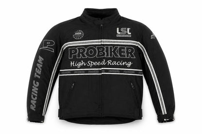 Front view of Probiker boys’ black xs motorcycle racing jacket with embroidered logos
